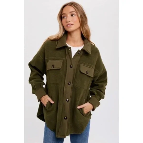 Olive Green Button Front Fleece Jacket W/ Elbow Patches & Pockets Winter Shacket - Picture 3 of 6